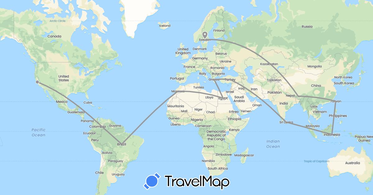 TravelMap itinerary: driving, plane in Brazil, Bhutan, Egypt, Greece, Indonesia, Sri Lanka, Morocco, Sweden, Singapore, Turkey, Taiwan, United States (Africa, Asia, Europe, North America, South America)